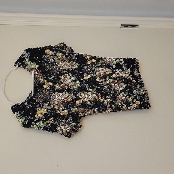 3/$30 RADIANCE 1990s Black Bubble Popcorn Scrunchie Floral Silk Blouse - Picture 2 of 8